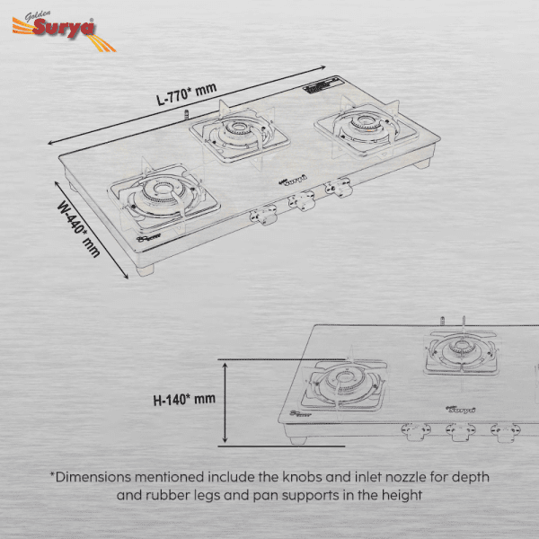CXJ-32 Desire (Golden Surya Premium Toughened Glass Top Stainless Steel Body Manual Ignition Forged Brass 3 Burner Rose Gold Finish Gas Stove) - Image 7