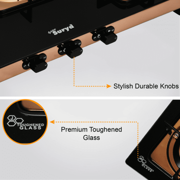 CXJ-32 Desire (Golden Surya Premium Toughened Glass Top Stainless Steel Body Manual Ignition Forged Brass 3 Burner Rose Gold Finish Gas Stove) - Image 8
