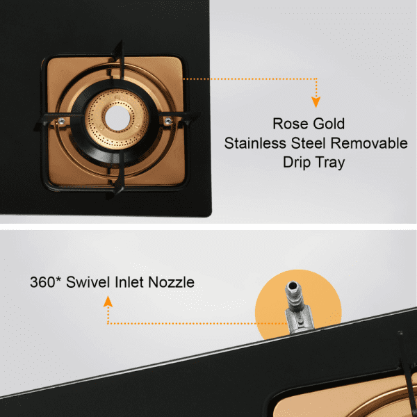 CXJ-32 Desire (Golden Surya Premium Toughened Glass Top Stainless Steel Body Manual Ignition Forged Brass 3 Burner Rose Gold Finish Gas Stove) - Image 4