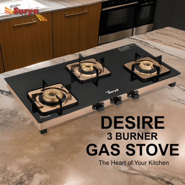 CXJ-32 Desire (Golden Surya Premium Toughened Glass Top Stainless Steel Body Manual Ignition Forged Brass 3 Burner Rose Gold Finish Gas Stove) - Image 6