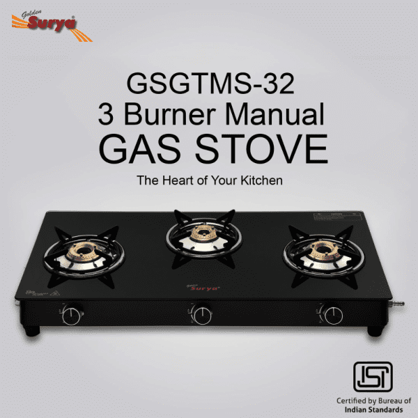 CXJ-32 MS (Golden Surya Gas Stove 3 Burner Black Manual Ignition Toughened Glass Top PNG Gas Stove) - Image 4