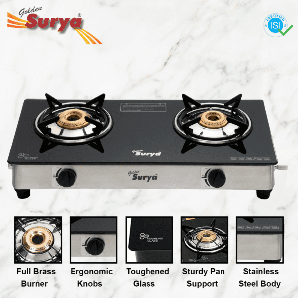 CXJ-22 Smart SS (Golden Surya Gas Stove 2 Burner Black Manual Ignition Toughened Glass Top Gas Stove) - Image 4