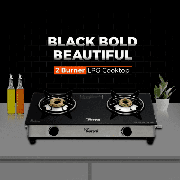 CXJ-22 Smart SS (Golden Surya Gas Stove 2 Burner Black Manual Ignition Toughened Glass Top Gas Stove) - Image 3