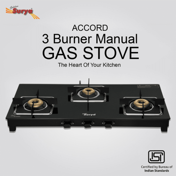 CXJ-32 MS ACCORD (Golden Surya Premium Toughened Glass Top Manual Ignition 3 Forged Brass Burner Gas Stove) - Image 4