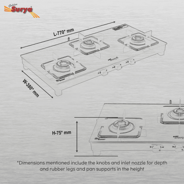 CXJ-32 MS ACCORD (Golden Surya Premium Toughened Glass Top Manual Ignition 3 Forged Brass Burner Gas Stove) - Image 5