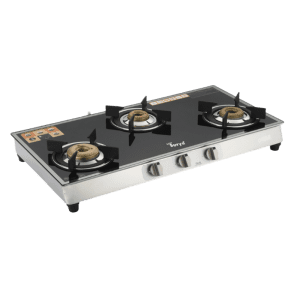 CXJ-32 Platina (Golden Surya Toughened Glass Top Stainless Steel Body Forged Brass 3 Burner Manual Ignition Gas Stove)