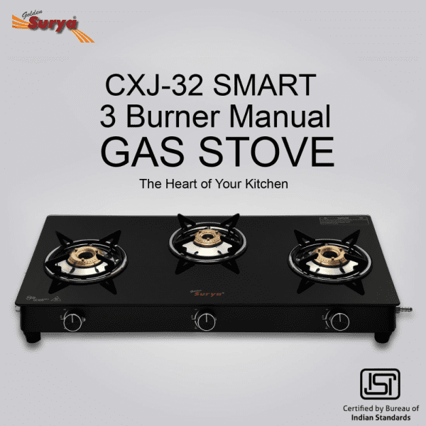 CXJ-32 Smart MS (Golden Surya Toughened Glass Top High Efficiency 3 Brass Burners Manual Ignition Gas Stove) - Image 3