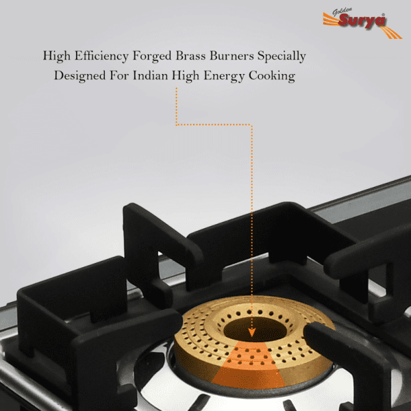 CXJ-32 Hot Star (Golden Surya Premium Design Toughened Glass Top Stainless Steel Body Forged Brass 3 Burner Manual Ignition Gas Stove) - Image 7