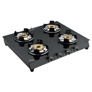 CXJ–42 SS DT (Golden Surya Premium Toughened Glass Top Mild Steel Body Manual Ignition Forged Brass 4 Burner Gas Stove)