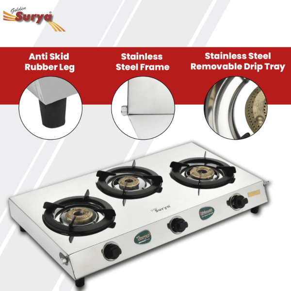 Trimax (Classic Premium Stainless Steel Manual Ignition Heavy Brass 3 Burner Gas Stove) - Image 6