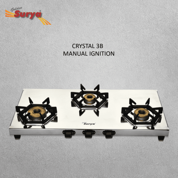 CRYSTAL 3B (Golden Surya Premium Stainless Steel Manual Ignition Heavy Tornado Brass 3 Burner Gas Stove) - Image 3