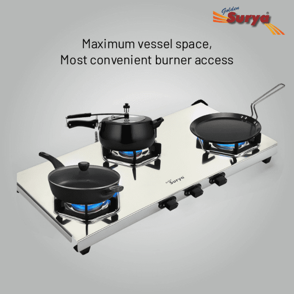 CRYSTAL 3B (Golden Surya Premium Stainless Steel Manual Ignition Heavy Tornado Brass 3 Burner Gas Stove) - Image 8