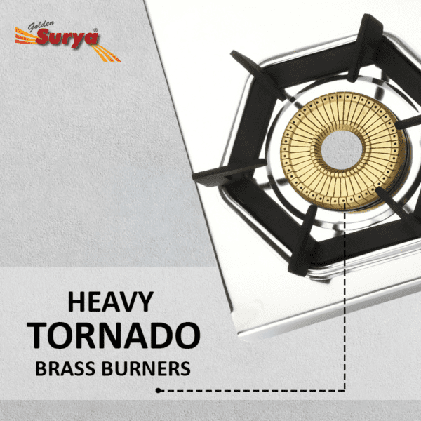 CRYSTAL 3B (Golden Surya Premium Stainless Steel Manual Ignition Heavy Tornado Brass 3 Burner Gas Stove) - Image 7