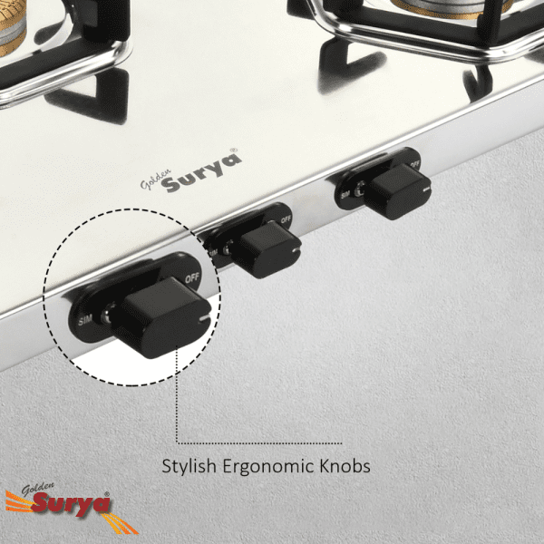 CRYSTAL 3B (Golden Surya Premium Stainless Steel Manual Ignition Heavy Tornado Brass 3 Burner Gas Stove) - Image 6