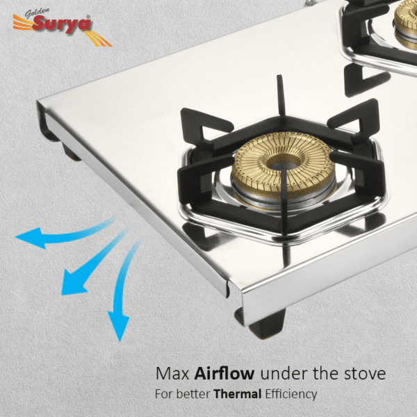CRYSTAL 3B (Golden Surya Premium Stainless Steel Manual Ignition Heavy Tornado Brass 3 Burner Gas Stove) - Image 5