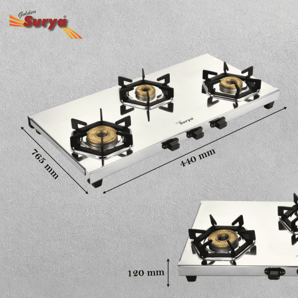 CRYSTAL 3B (Golden Surya Premium Stainless Steel Manual Ignition Heavy Tornado Brass 3 Burner Gas Stove) - Image 4