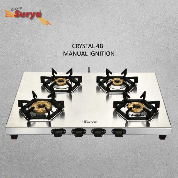 CRYSTAL 4B (Golden Surya Premium Stainless Steel Manual Ignition Heavy Tornado Brass 4 Burner Gas Stove) - Image 3