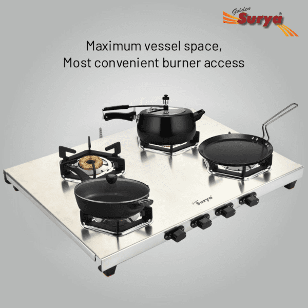 CRYSTAL 4B (Golden Surya Premium Stainless Steel Manual Ignition Heavy Tornado Brass 4 Burner Gas Stove) - Image 4