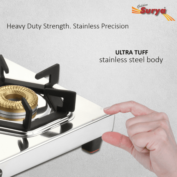 CRYSTAL 4B (Golden Surya Premium Stainless Steel Manual Ignition Heavy Tornado Brass 4 Burner Gas Stove) - Image 5