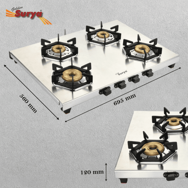 CRYSTAL 4B (Golden Surya Premium Stainless Steel Manual Ignition Heavy Tornado Brass 4 Burner Gas Stove) - Image 7