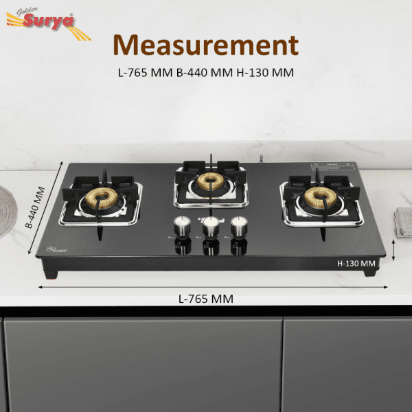 CXJ-32 MS ELITE HOB TOP (Golden Surya Gas Stove 3 Burner Hob Top Black Manual Ignition Toughened Glass Top Gas Stove) - Image 4