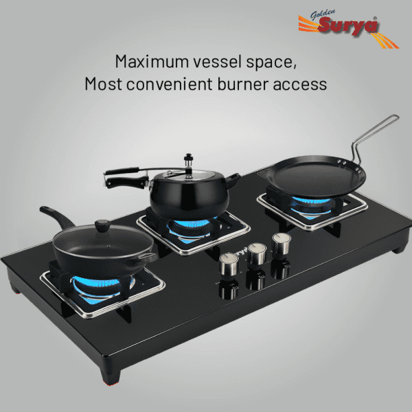 CXJ-32 MS ELITE HOB TOP (Golden Surya Gas Stove 3 Burner Hob Top Black Manual Ignition Toughened Glass Top Gas Stove) - Image 7