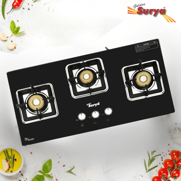 CXJ-32 MS ELITE HOB TOP (Golden Surya Gas Stove 3 Burner Hob Top Black Manual Ignition Toughened Glass Top Gas Stove) - Image 9