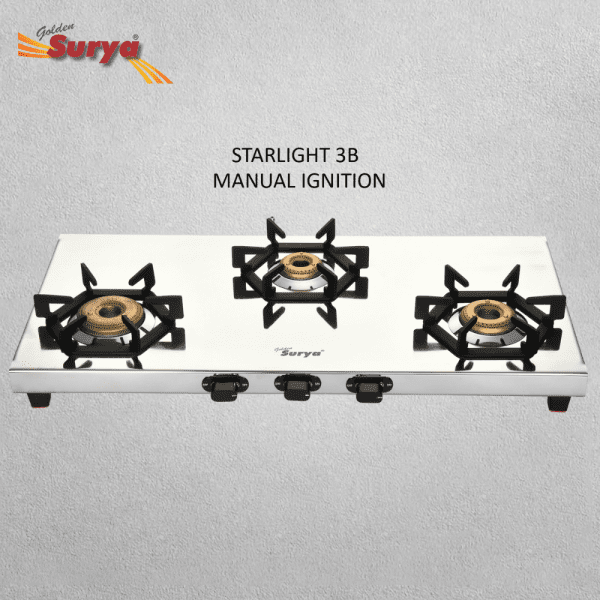 STARLIGHT 3B (Golden Surya Premium Stainless Steel Manual Ignition Heavy Forged Brass 3 Burner Gas Stove) - Image 3