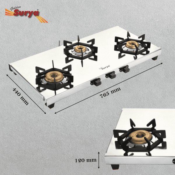 STARLIGHT 3B (Golden Surya Premium Stainless Steel Manual Ignition Heavy Forged Brass 3 Burner Gas Stove) - Image 4