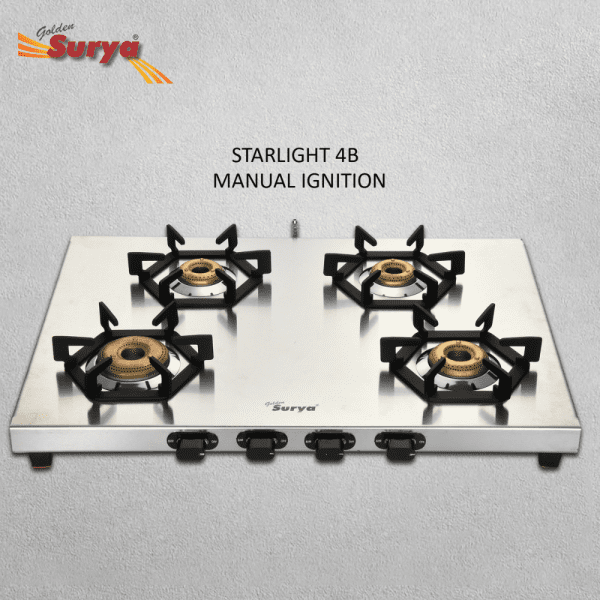 STARLIGHT 4B (Golden Surya Premium Stainless Steel Manual Ignition Heavy Forged Brass 4 Burner Gas Stove) - Image 3