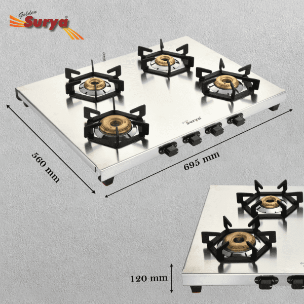 STARLIGHT 4B (Golden Surya Premium Stainless Steel Manual Ignition Heavy Forged Brass 4 Burner Gas Stove) - Image 4
