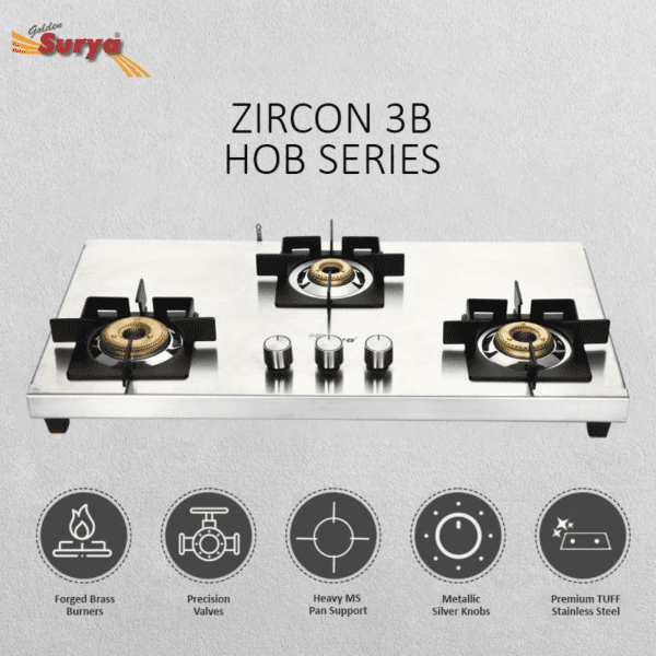 ZIRCON 3B HOB TOP (Golden Surya Premium Stainless Steel Manual Ignition Heavy Forged Brass 3 Burner Gas Stove) - Image 3