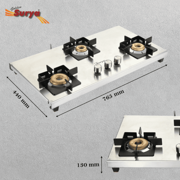 ZIRCON 3B HOB TOP (Golden Surya Premium Stainless Steel Manual Ignition Heavy Forged Brass 3 Burner Gas Stove) - Image 4